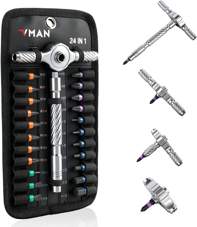 VMAN Ratchet Magnetic Screwdriver Set, 24 in 1 S2 Steel Bits and Head-tail Drive T-Handle, DIY Combination Flexible Shaft for Furniture Assembly, Electrical Appliance Repair, Bicycle Tools - Image 1